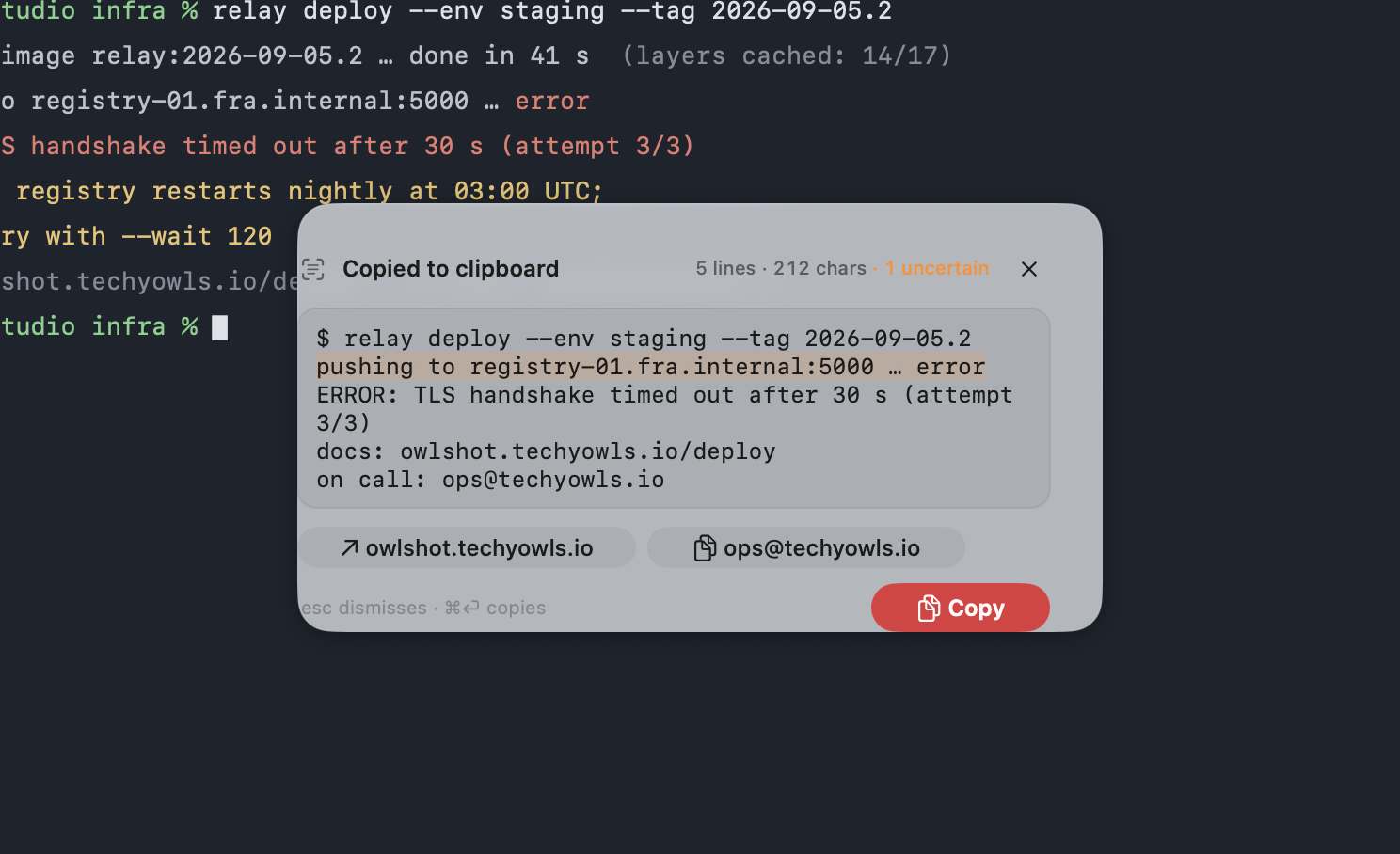 The text recognition panel floating over a terminal showing a failed deploy: the recognised lines match the terminal, the digit-dense registry host is washed amber and counted as uncertain, and the URL and email have become chips